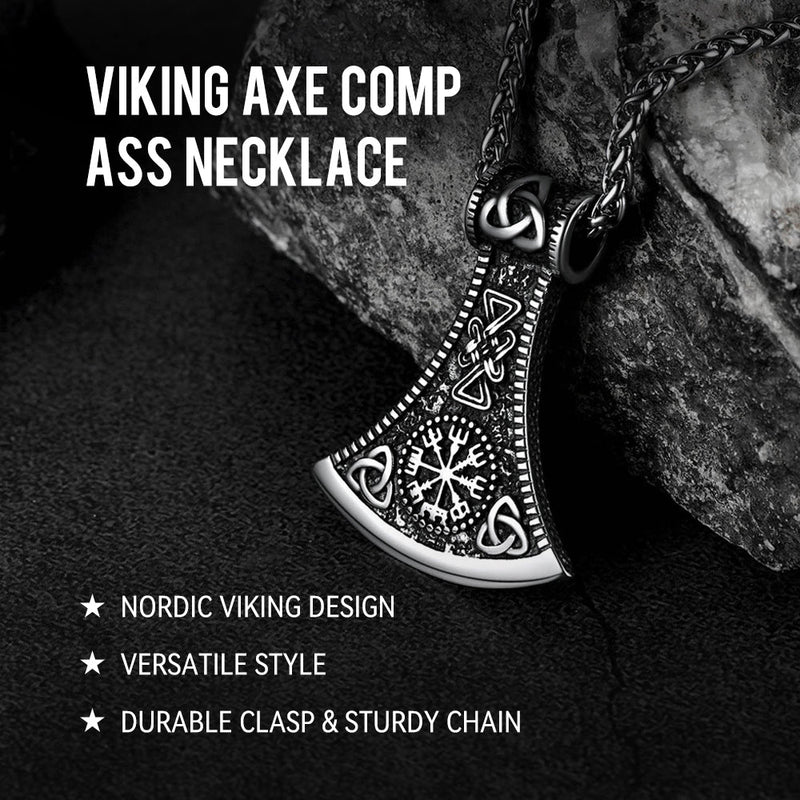 Battle Axe Viking Pendant Necklace With Compass for