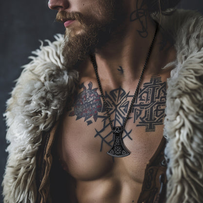 Battle Axe Viking Pendant Necklace With Compass for