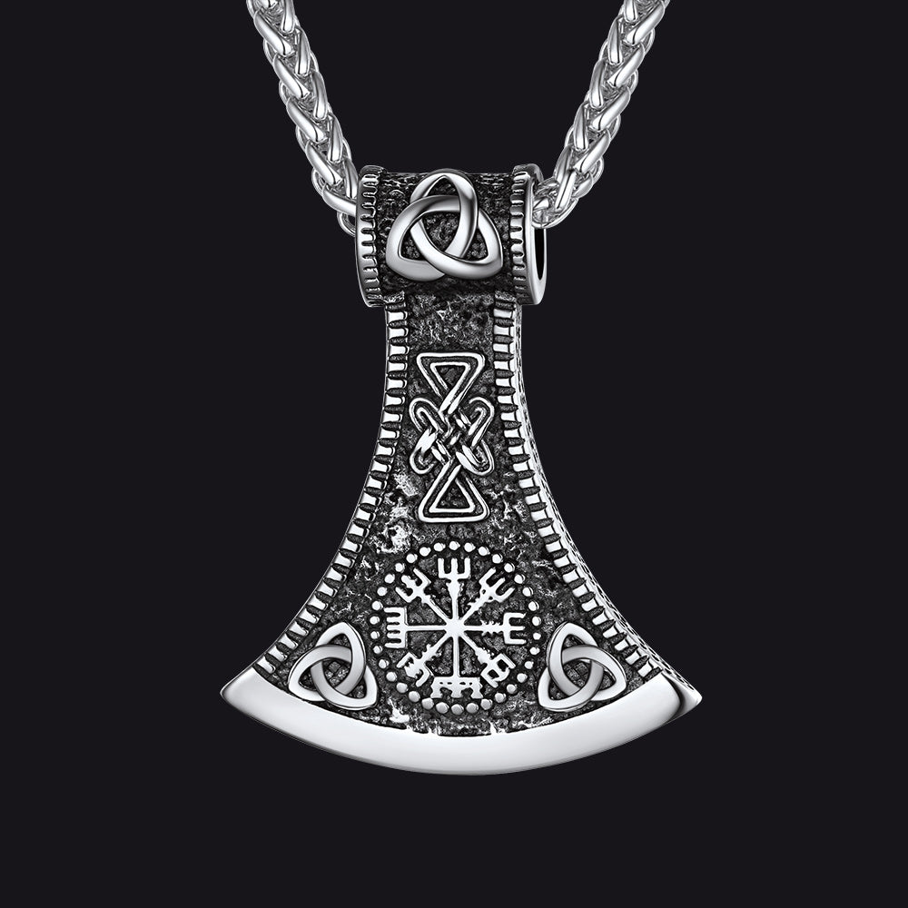 Battle Axe Viking Pendant Necklace With Compass for