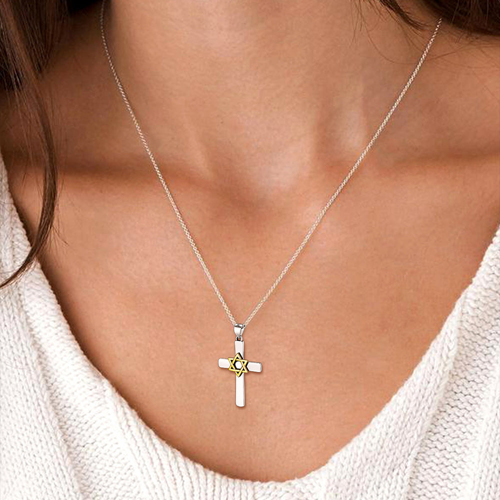 Silver Cross Star of David Pendant Necklace for