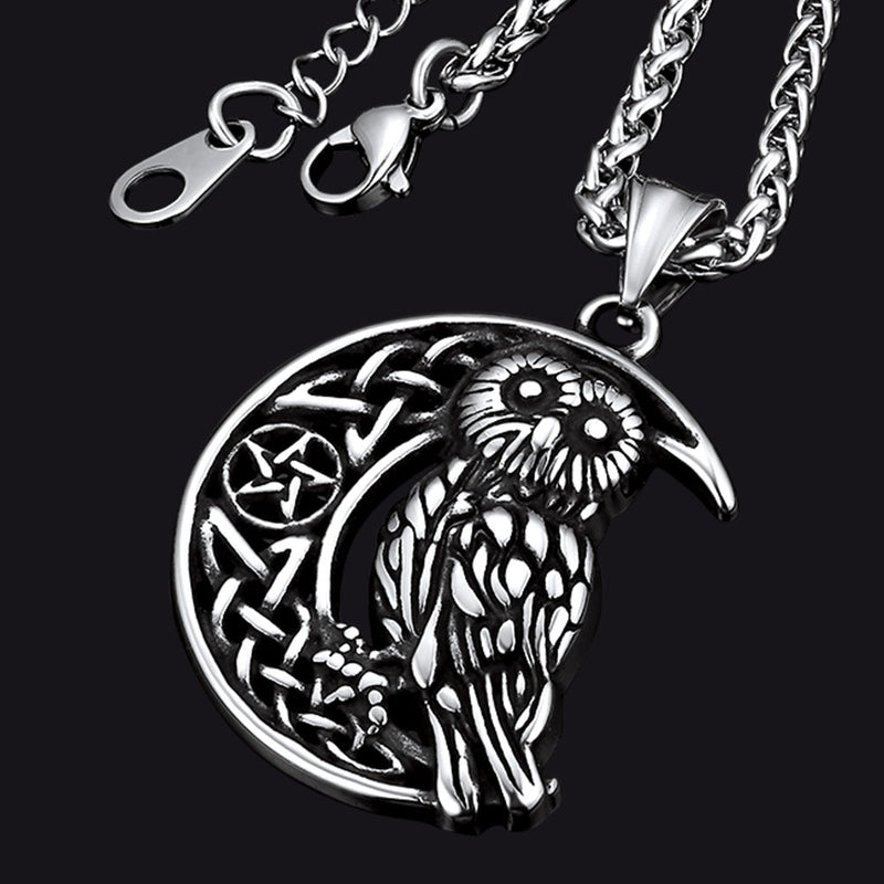 Viking Celtic Crescent Moon Owl Necklace for