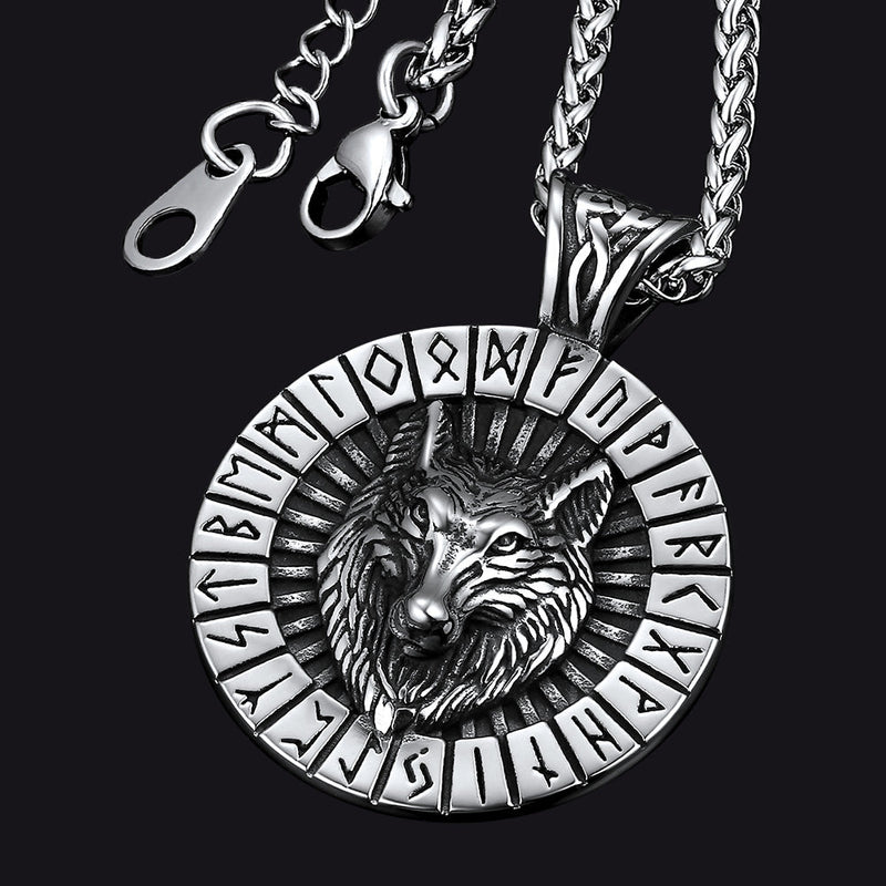 Viking Wolf Medal Necklace With Runes Jewelry for