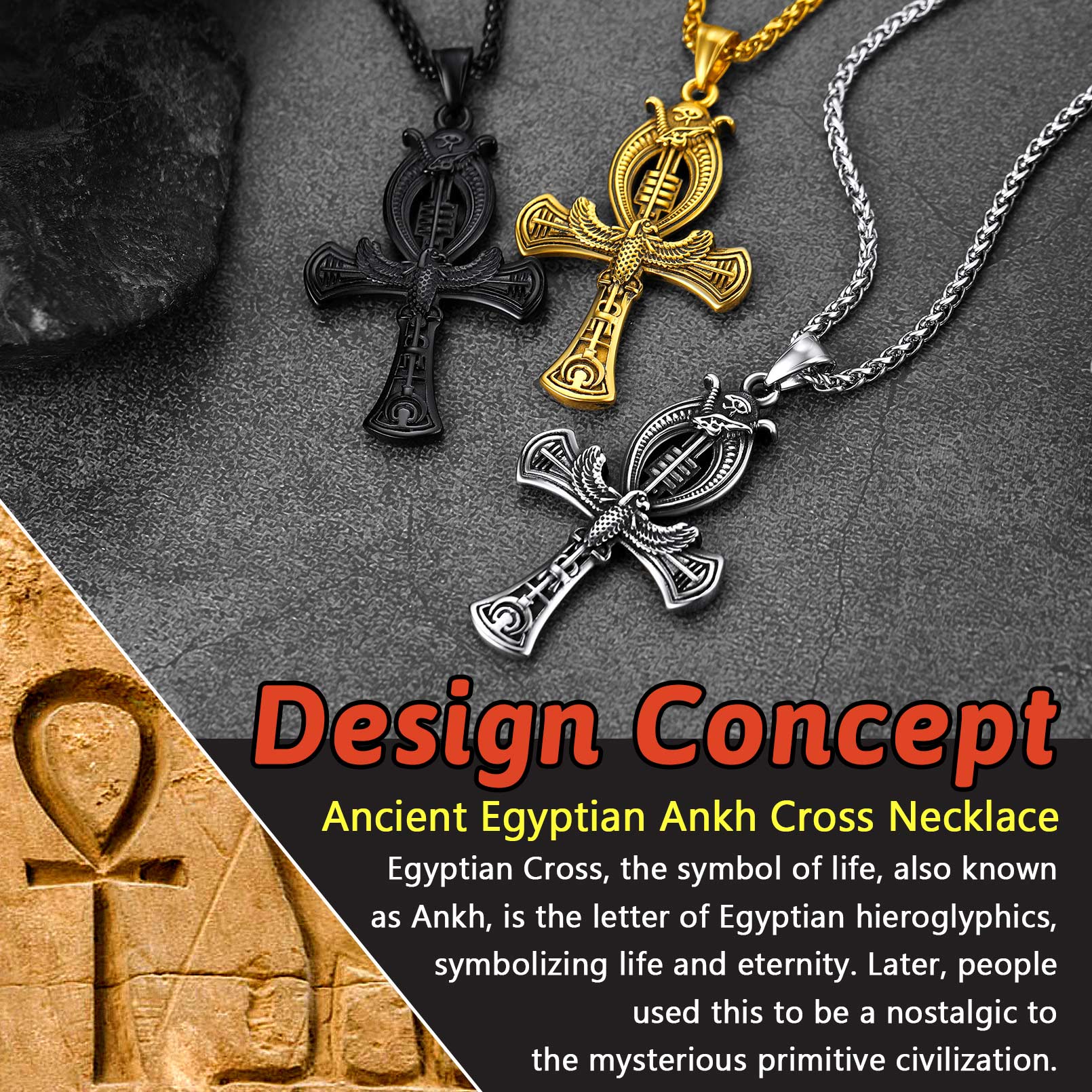 Flash Egyptian Ankh Cross Necklace With Eagle for