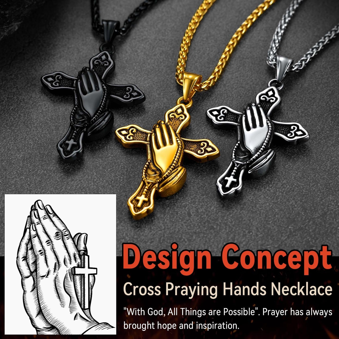 Flash Christian Praying Hands Cross Necklace for