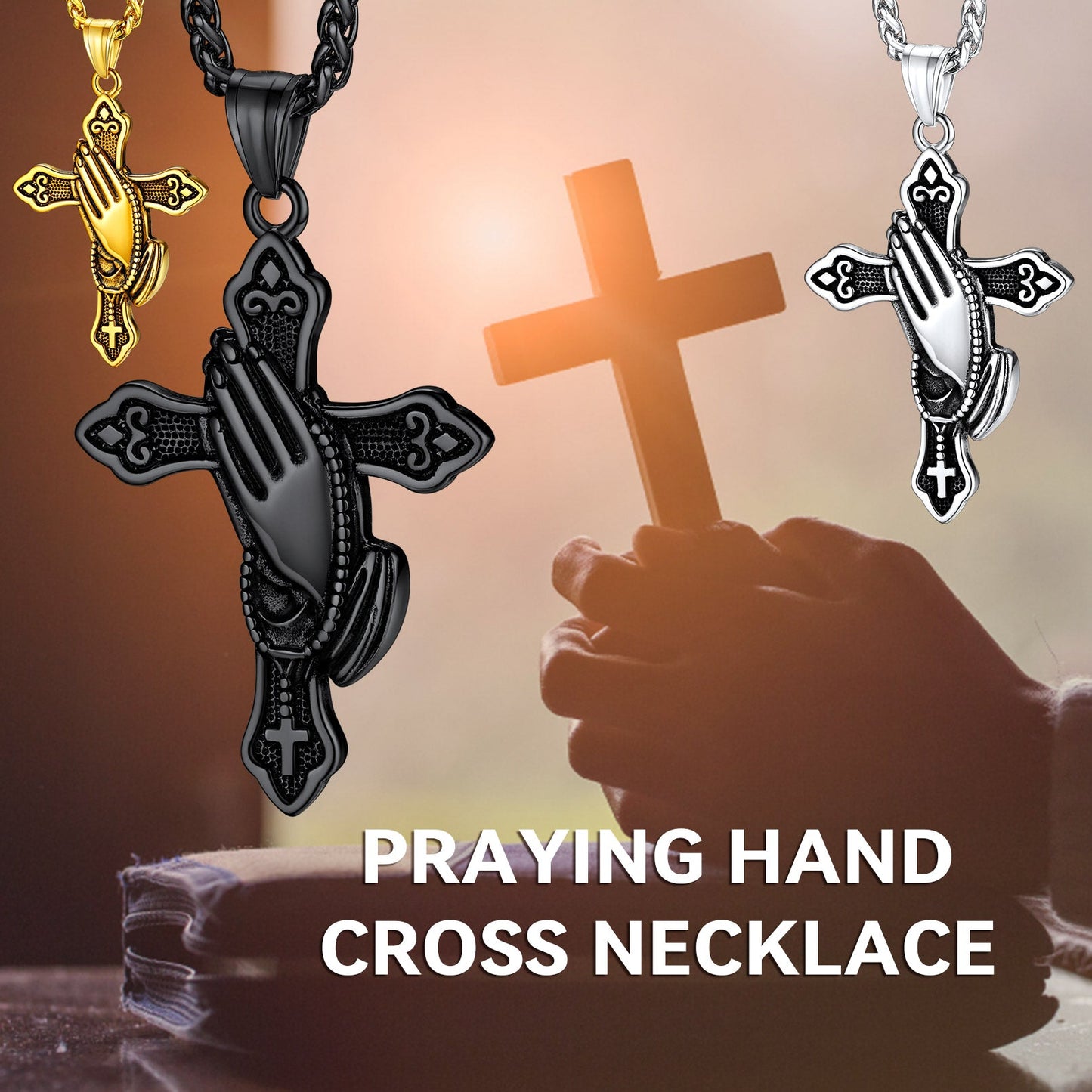 Flash Christian Praying Hands Cross Necklace for