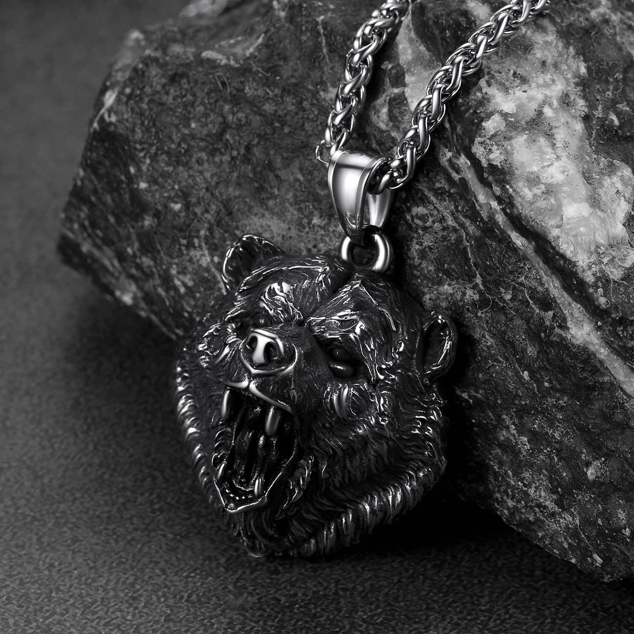 Wild Roaring Bear Head Pendant Necklace for