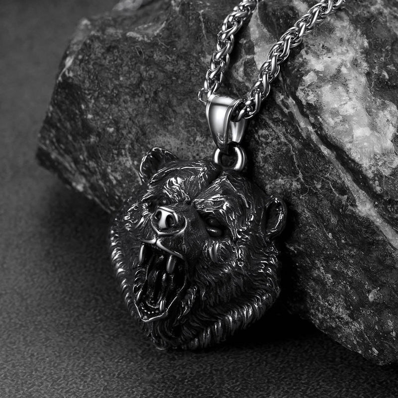 Wild Roaring Bear Head Pendant Necklace for