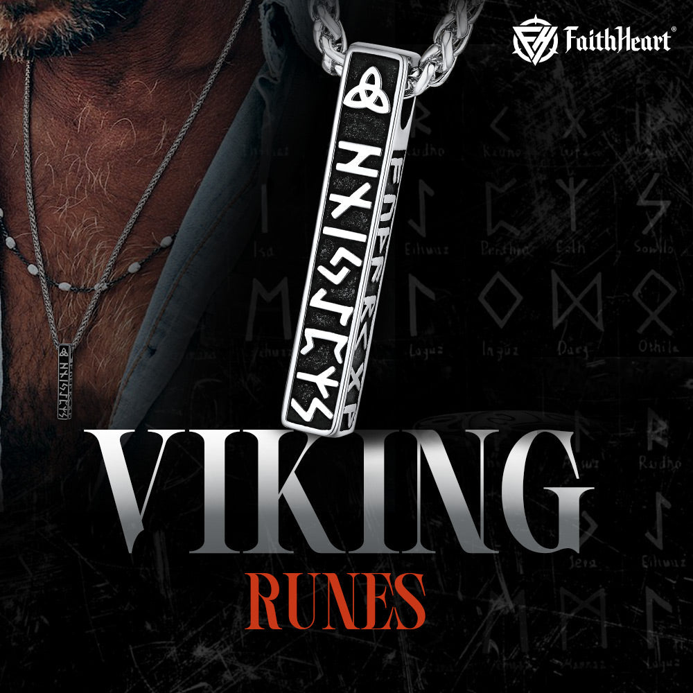 Engraved Viking Runes Bar Necklace Pendant Jewelry for