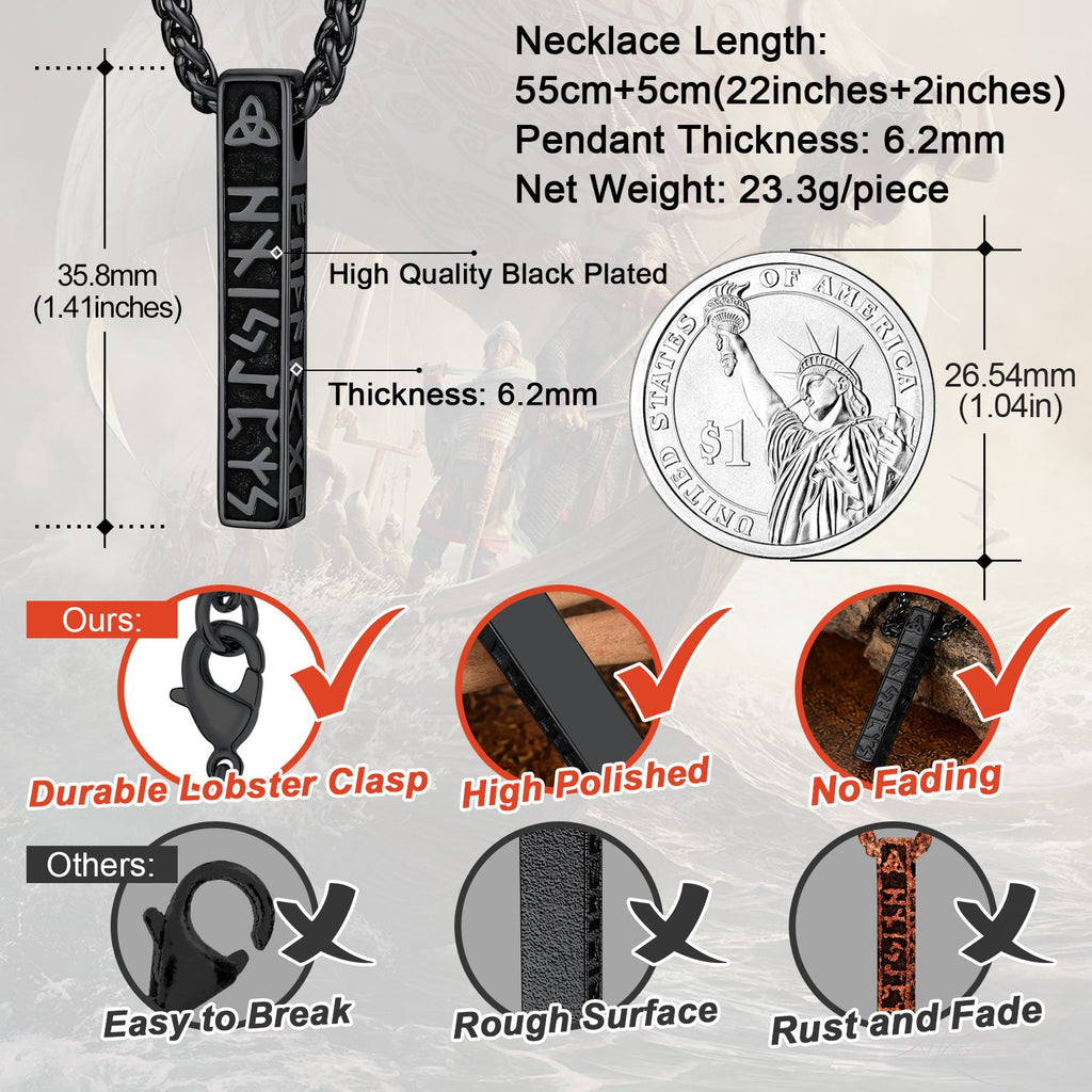 Engraved Viking Runes Bar Necklace Pendant Jewelry for