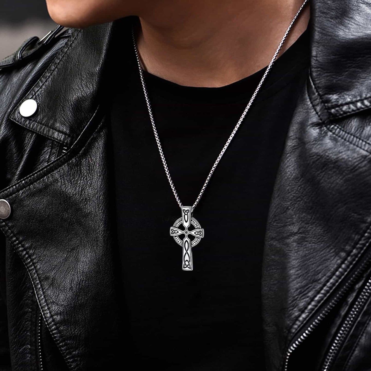 Irish Celtic Cross Pendant Necklace With Viking Runes for