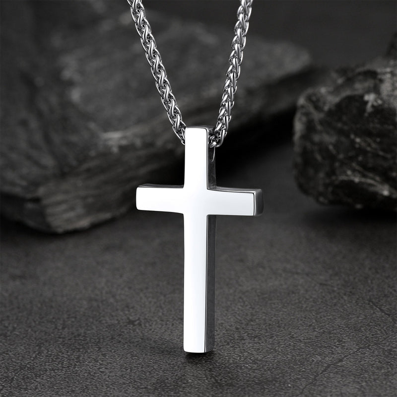 Flat Box Chain & Engraved Cross Layered Necklaces Set for