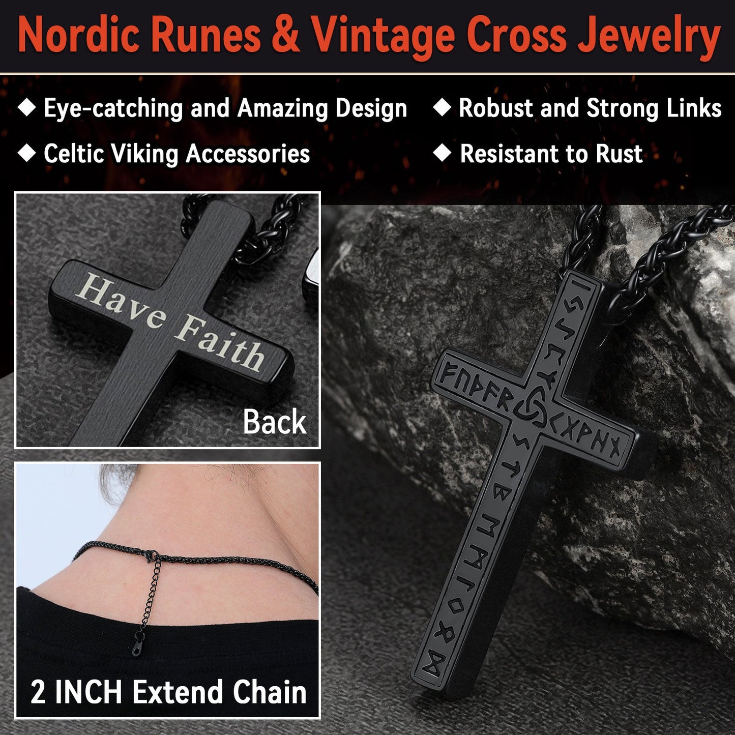 Viking Rune Cross Pendant Necklace for