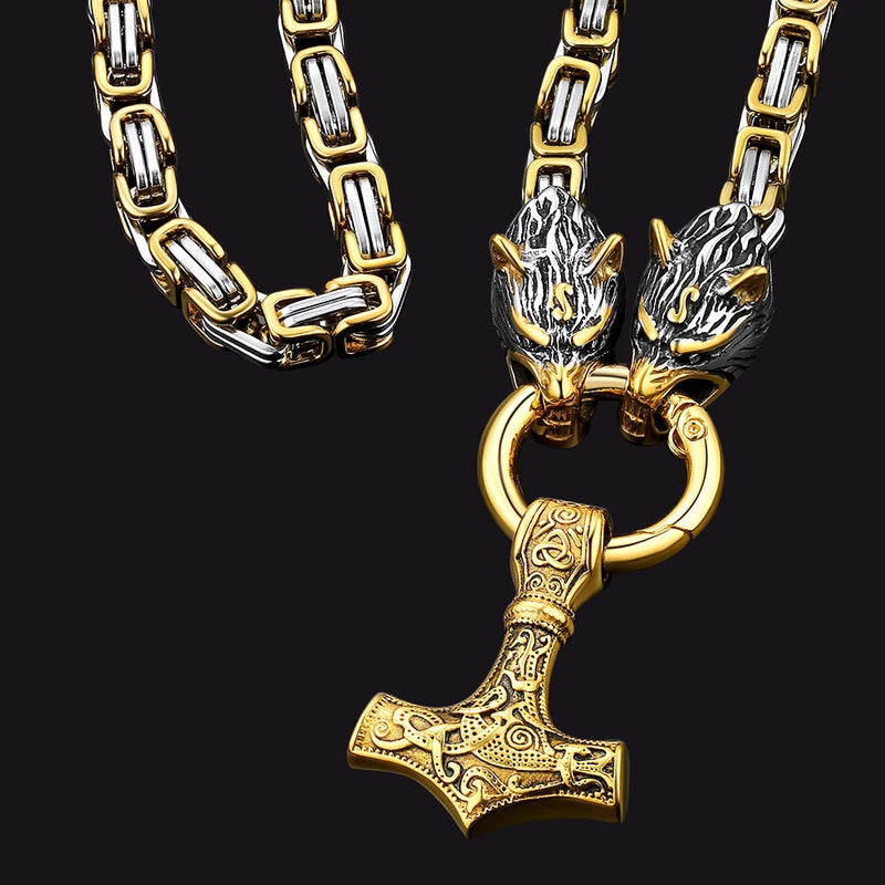Viking Mjolnir Thor's Hammer Necklace With Wolf Head Kings Chain