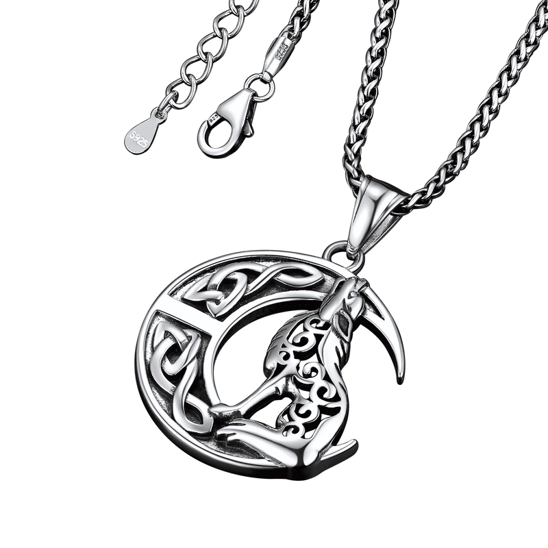 Viking Celtic Crescent Moon Wolf Necklace Pendant for