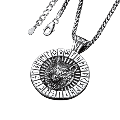 Viking Wolf Medal Necklace With Runes Jewelry for
