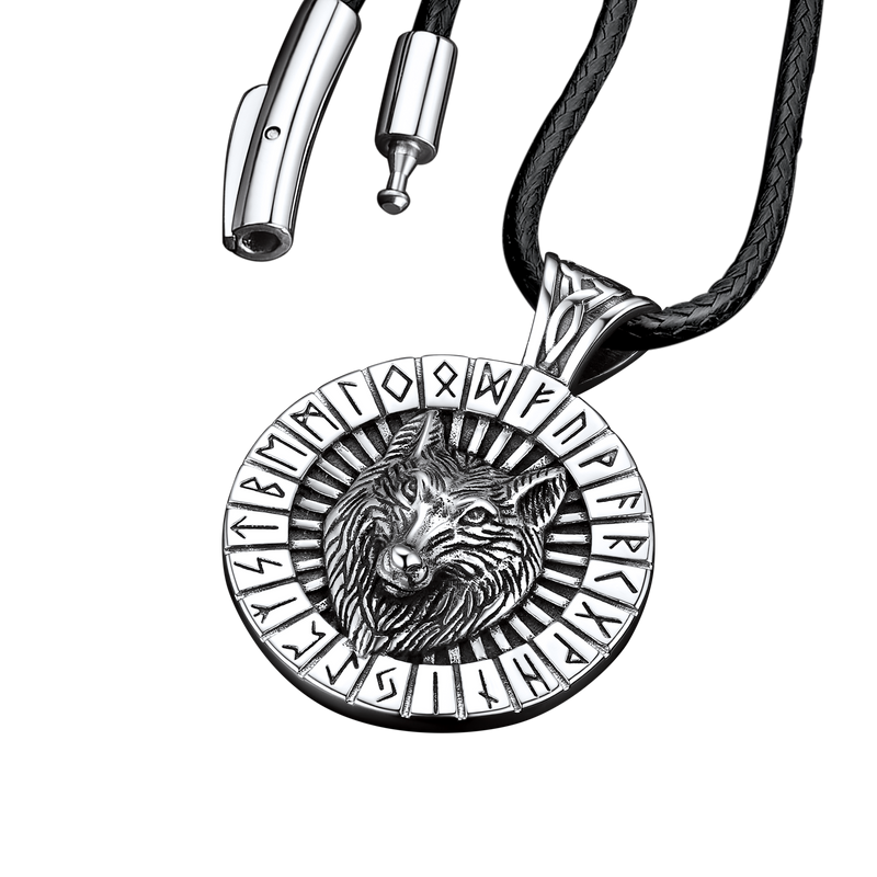 Viking Wolf Medal Necklace With Runes Jewelry for