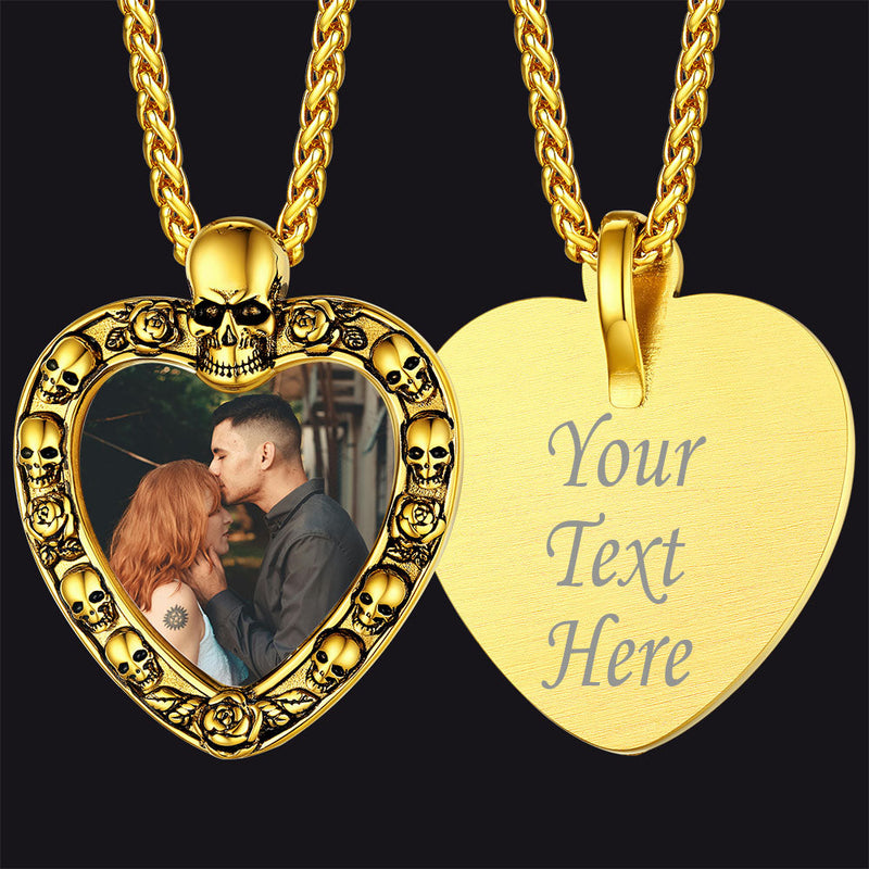 Customized Memorial Heart Photo Necklace With Skull for