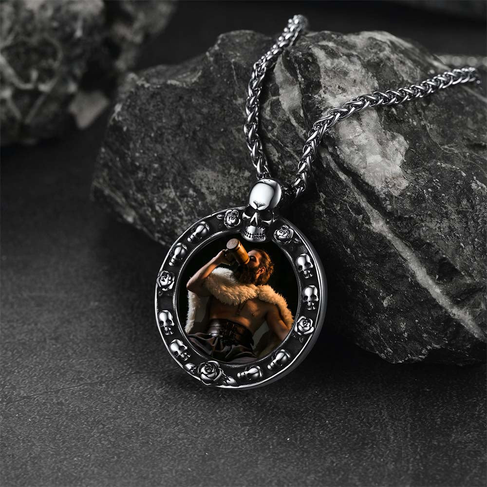 Customized Engraved Photo Necklace With Skull for