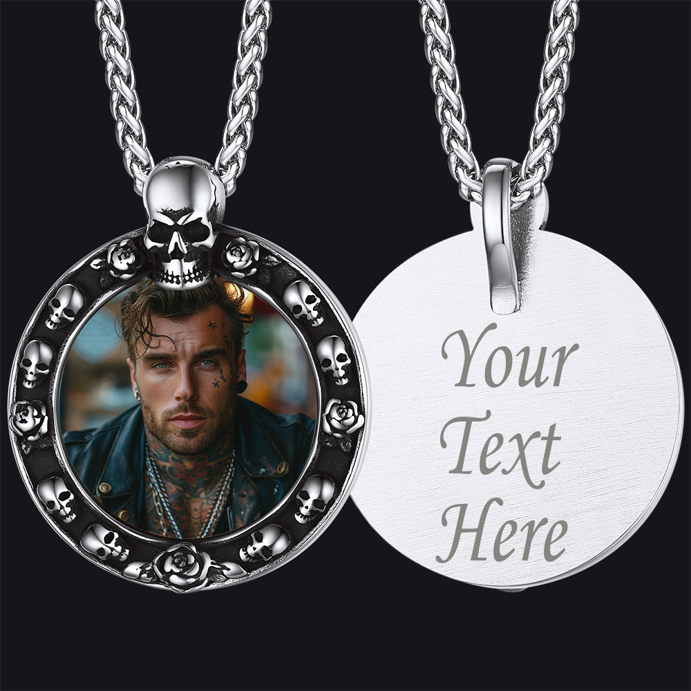 Customized Engraved Photo Necklace With Skull for