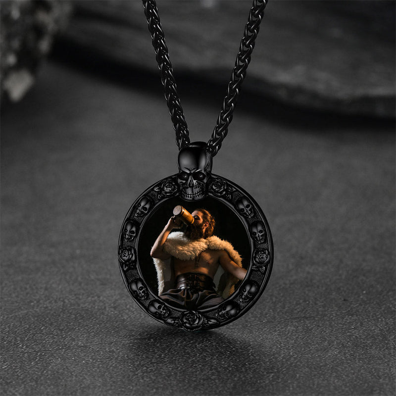 Customized Engraved Photo Necklace With Skull for