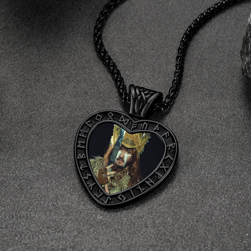 Custom Engraved Photo Heart Necklace With Viking Rune Memorial Gift