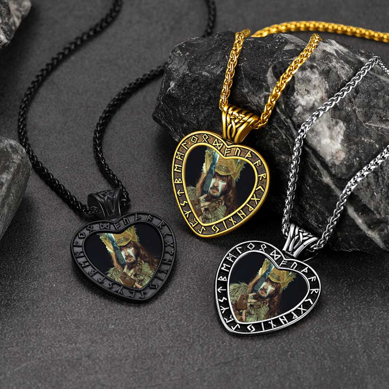 Custom Engraved Photo Heart Necklace With Viking Rune Memorial Gift