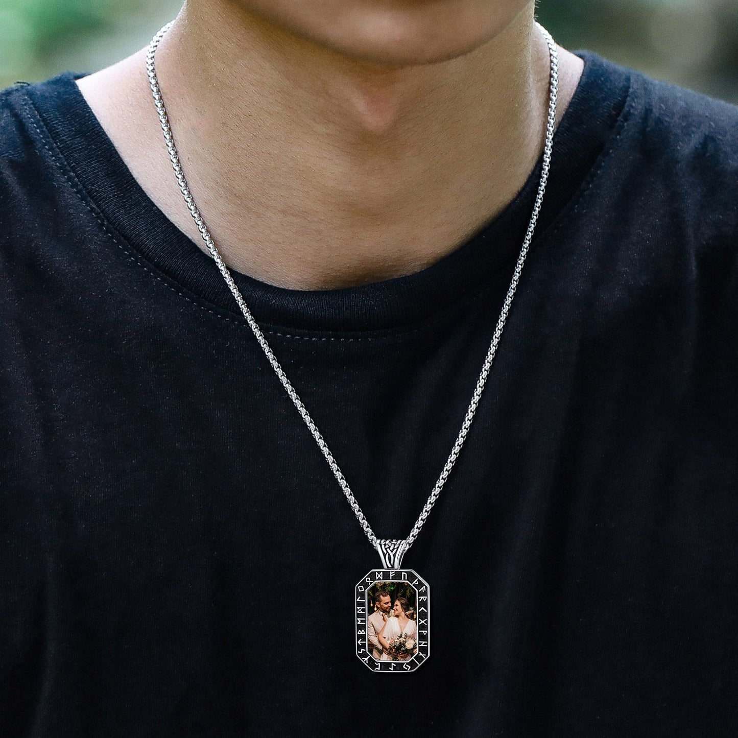 Engraved Customized Photo Dog Tag Necklace With Viking Runes for