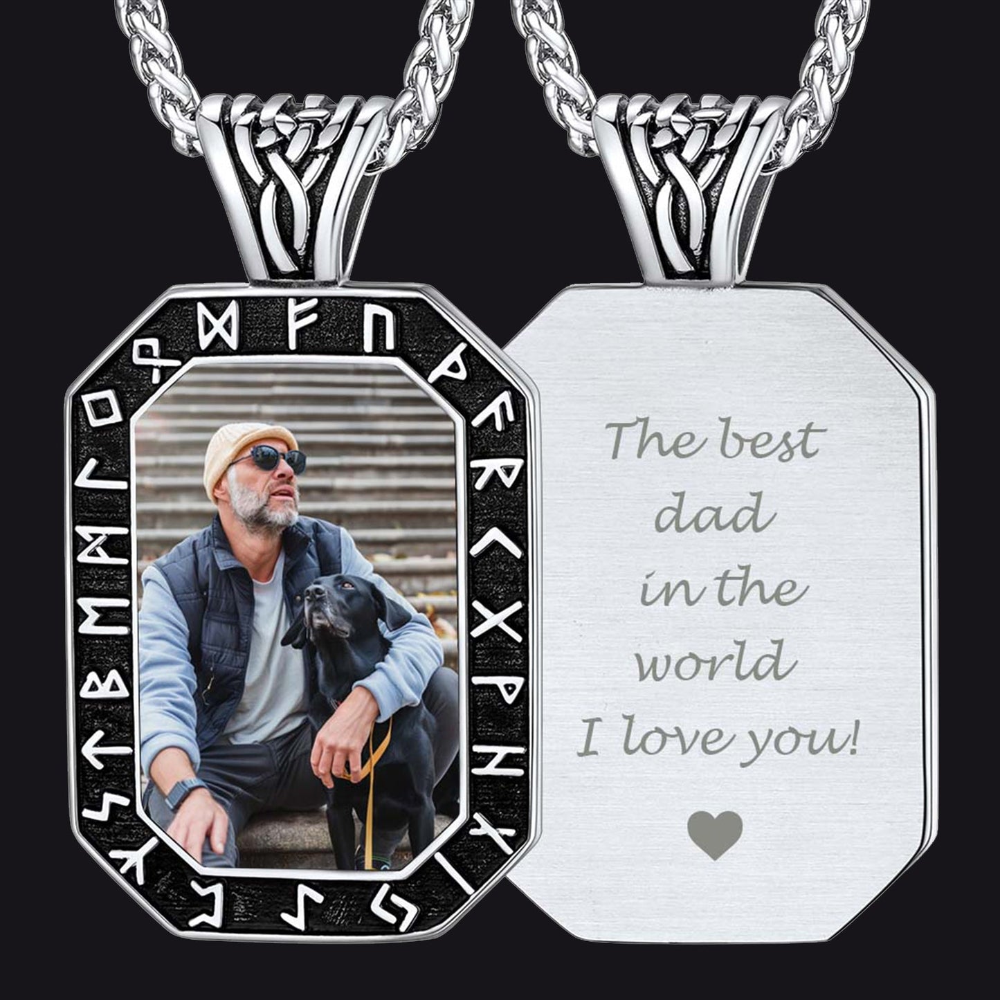 Engraved Customized Photo Dog Tag Necklace With Viking Runes for