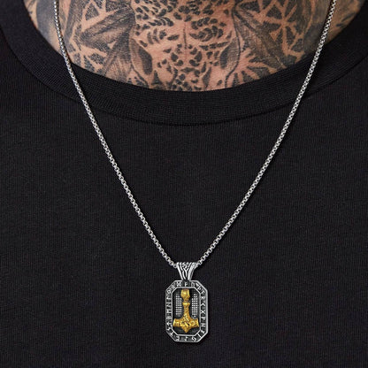 Engraved Thor's Hammer Dog Tag Necklace With Viking Runes for
