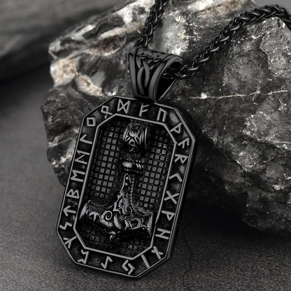 Engraved Thor's Hammer Dog Tag Necklace With Viking Runes for