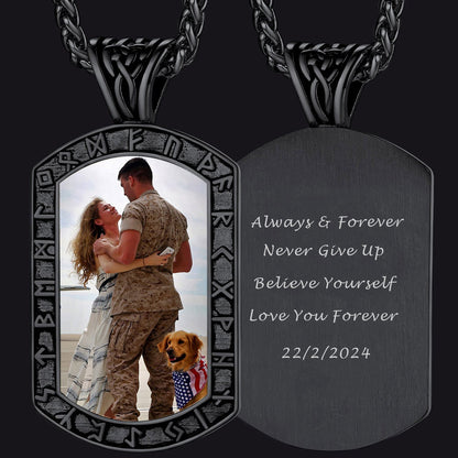 Personalized Picture Dog Tag Necklace With Viking Runes for