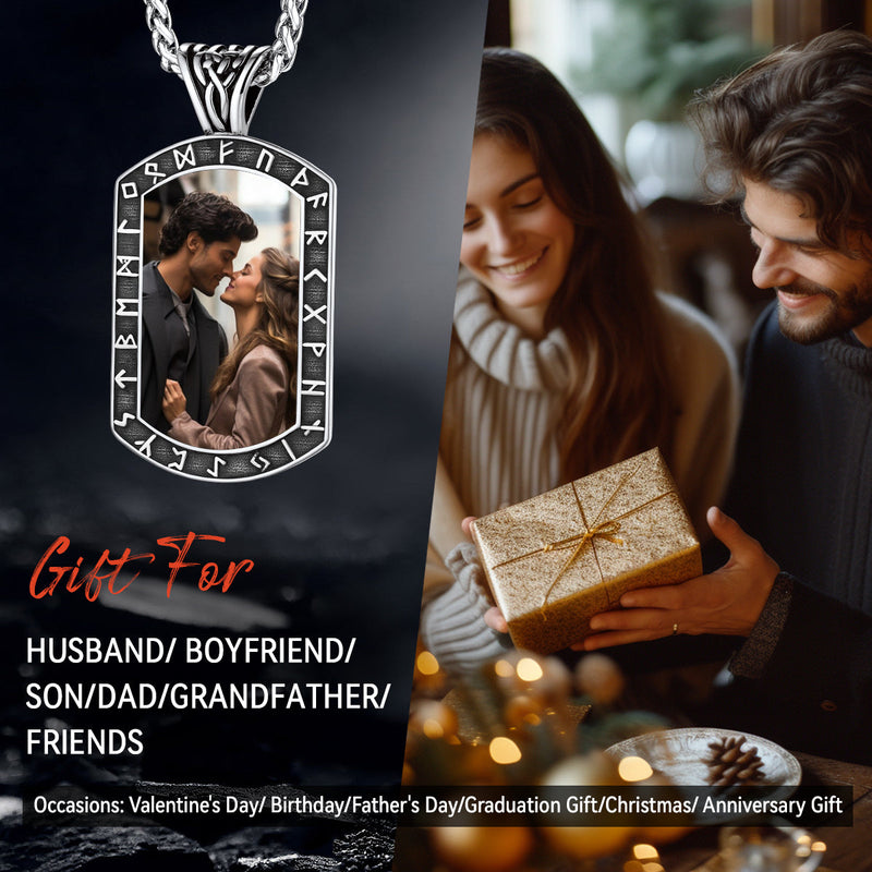 Personalized Picture Dog Tag Necklace With Viking Runes for