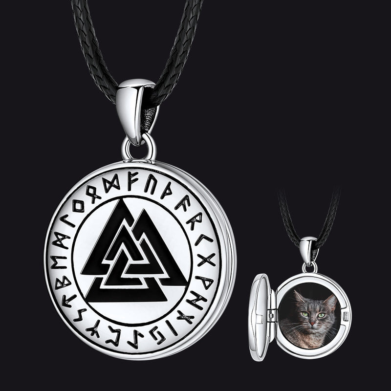 Personalized Viking Valknut Photo Locket Pendant With Leather Necklace
