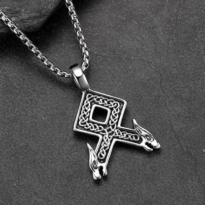 Viking Othala Rune Wolf Heads Pendant Necklace for