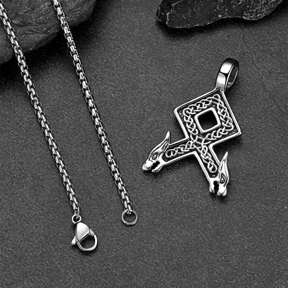 Viking Othala Rune Wolf Heads Pendant Necklace for