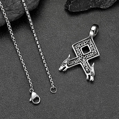 Viking Othala Rune Wolf Heads Pendant Necklace for