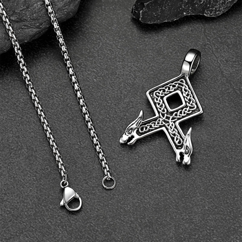 Viking Othala Rune Wolf Heads Pendant Necklace for