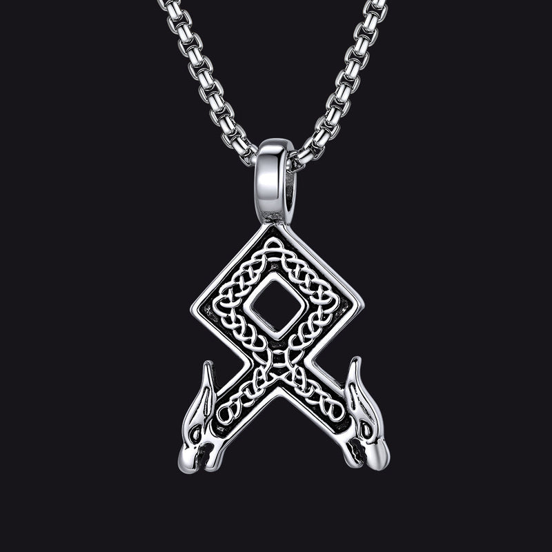 Viking Othala Rune Wolf Heads Pendant Necklace for