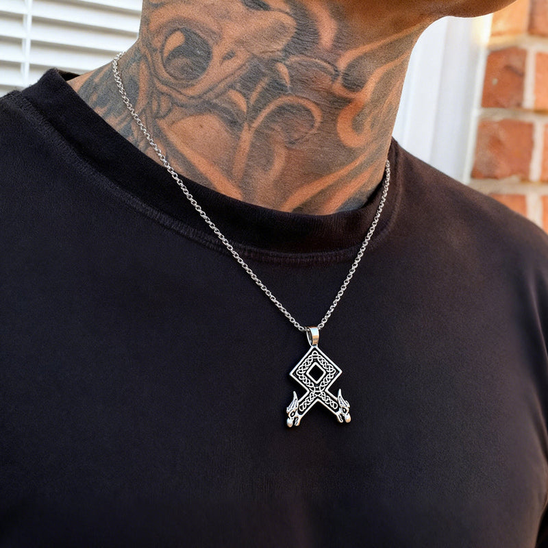 Viking Othala Rune Wolf Heads Pendant Necklace for