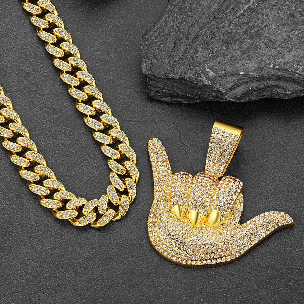 Full Diamond 666 Hand Pendant With Cuban Chain Necklace for