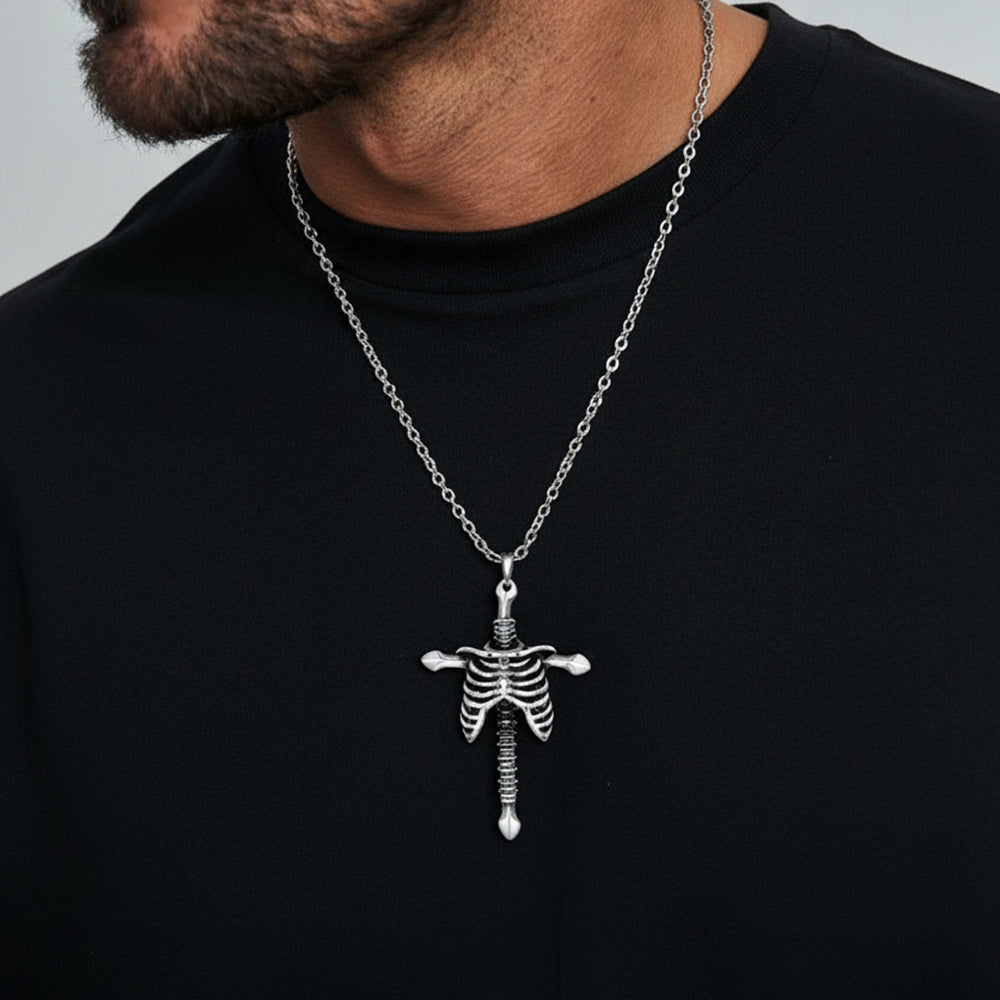 Gothic Jesus Skeleton Cross Pendant Necklace for