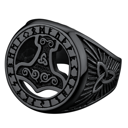 Viking Thor's Hammer Ring With Runes for