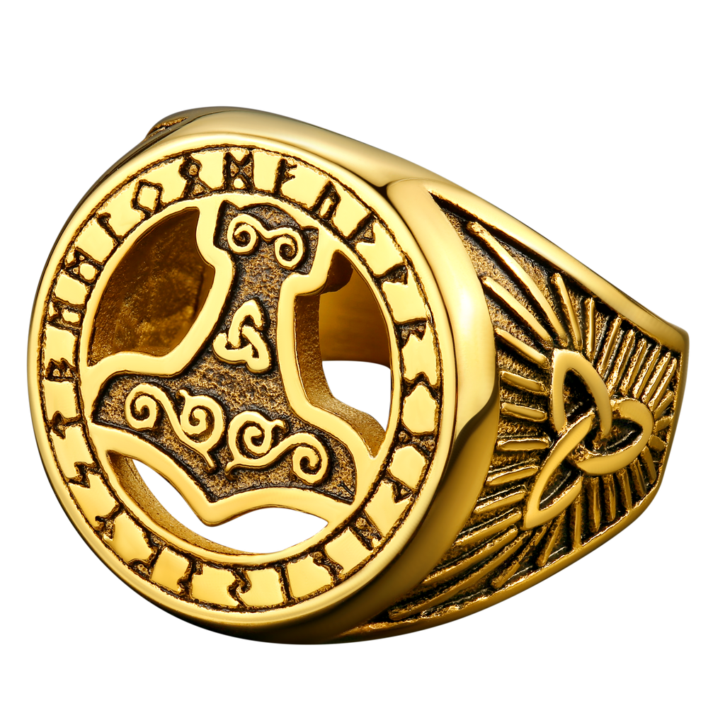 Viking Thor's Hammer Ring With Runes for