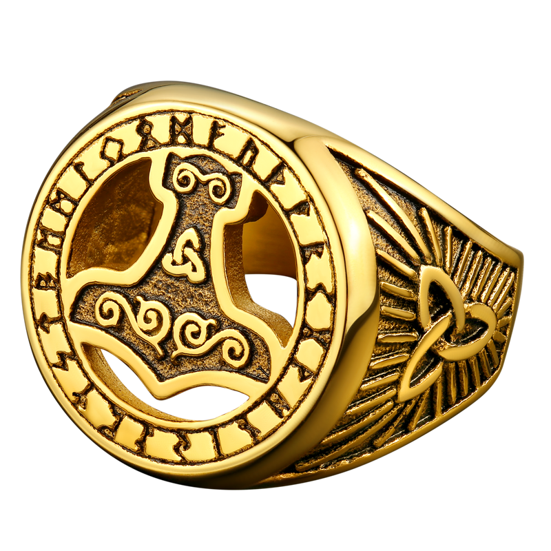 Viking Thor's Hammer Ring With Runes for