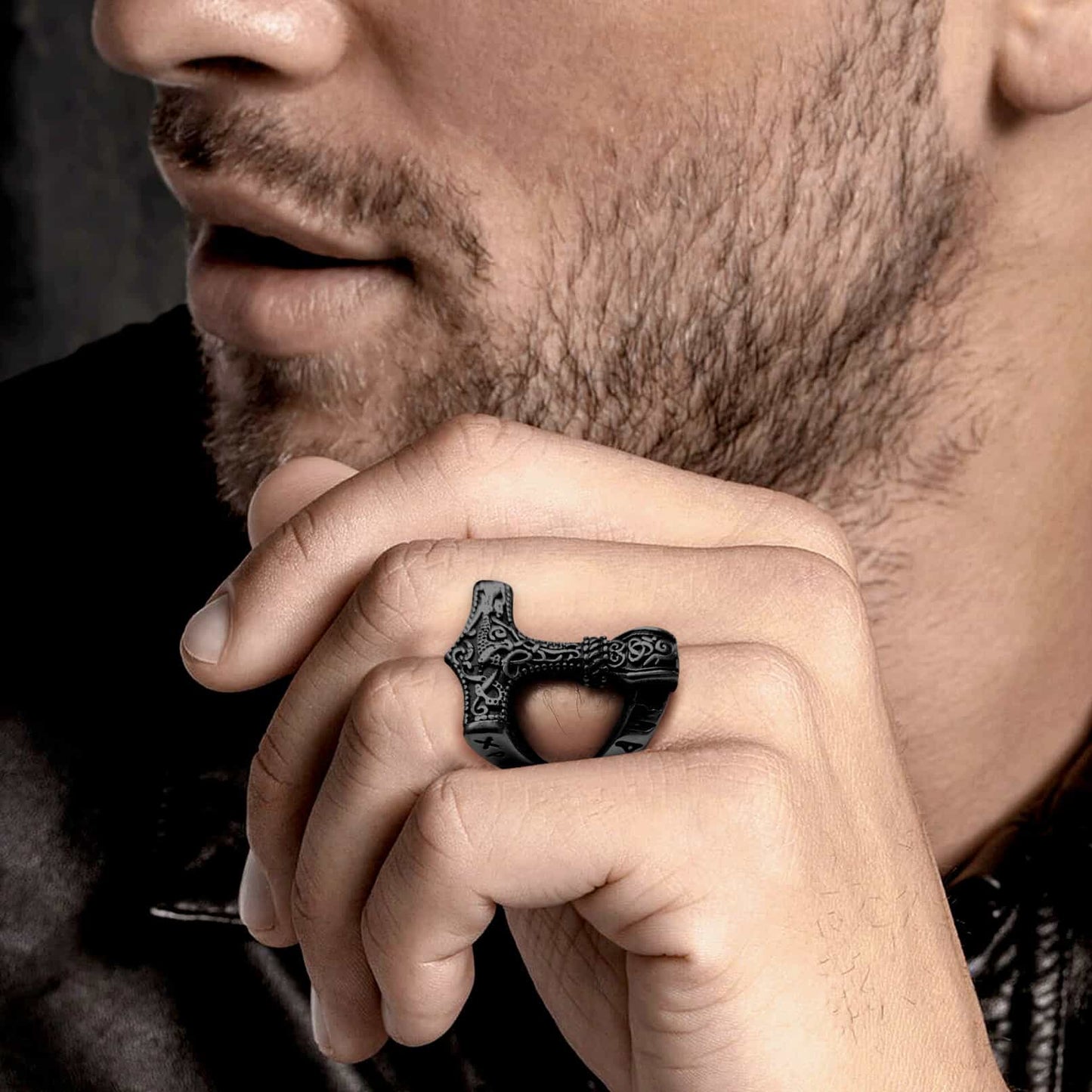 Viking Mjolnir Thor's Hammer Ring With Rune for
