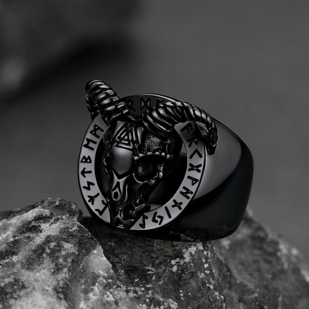 Satanic Goat Skull Ring With Viking Runes for