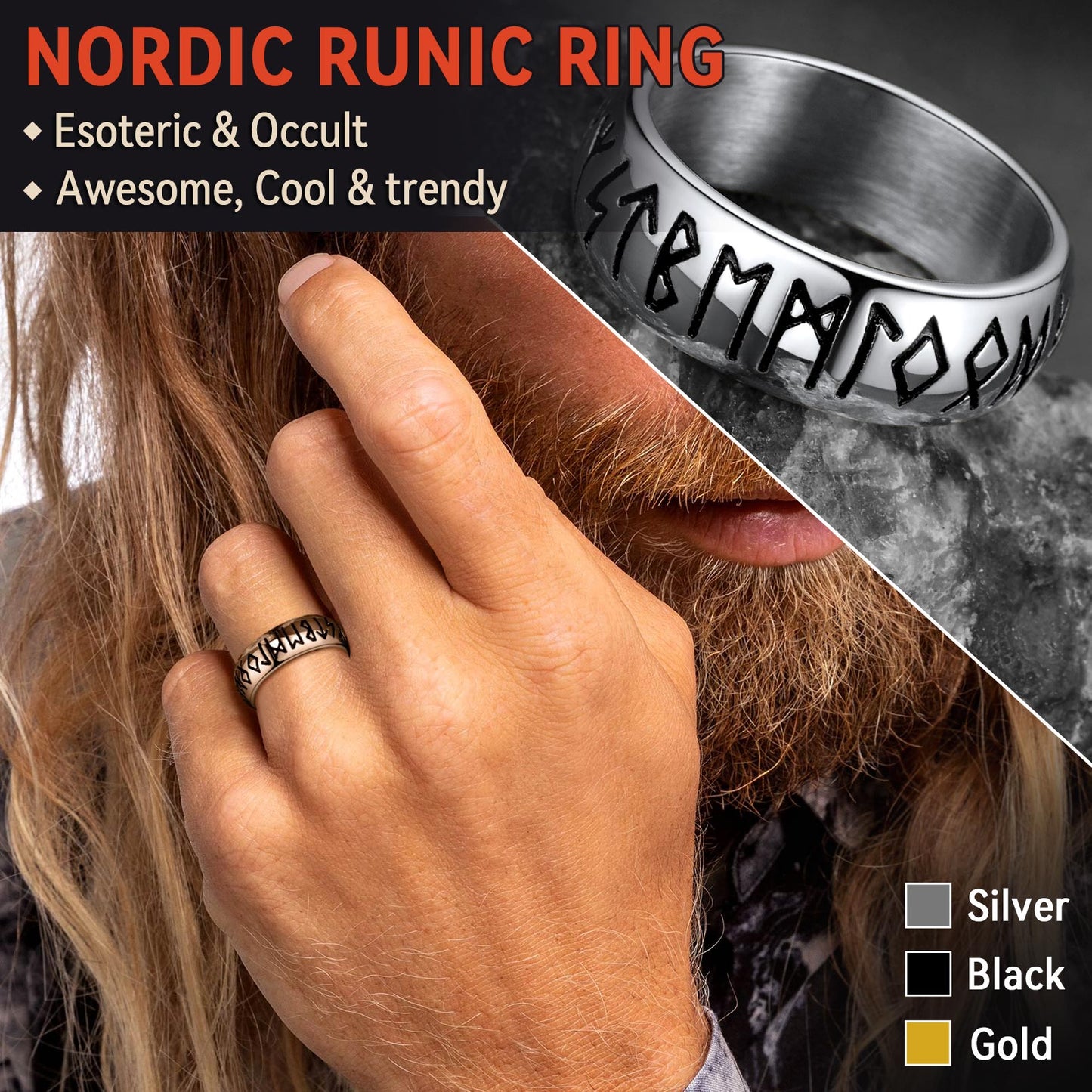 Flash Norse Viking Runes Ring Stainless Steel Ring for