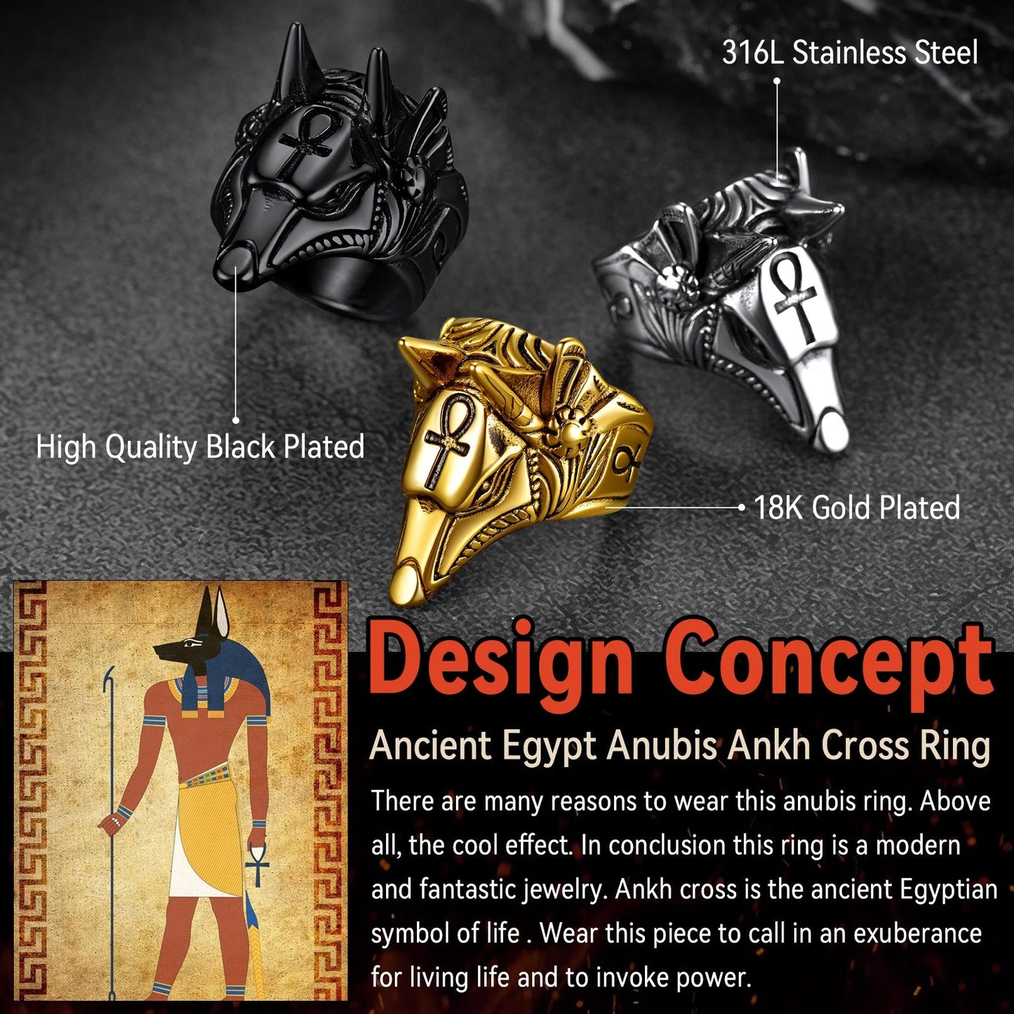 Ancient Egyptian Anubis Ring With Ankh Cross for