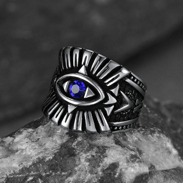 Blue Sapphire All Seeing Eye Stainless Steel Ring