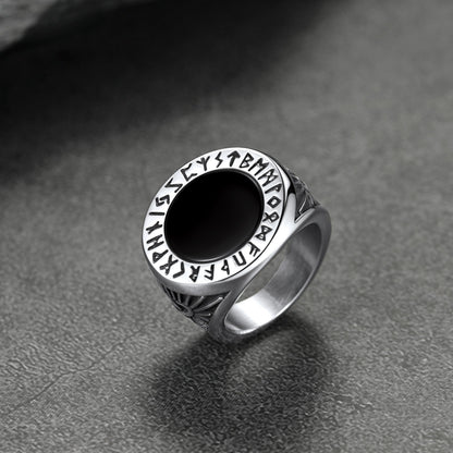 Black Onyx Signet Ring With Viking Runes for